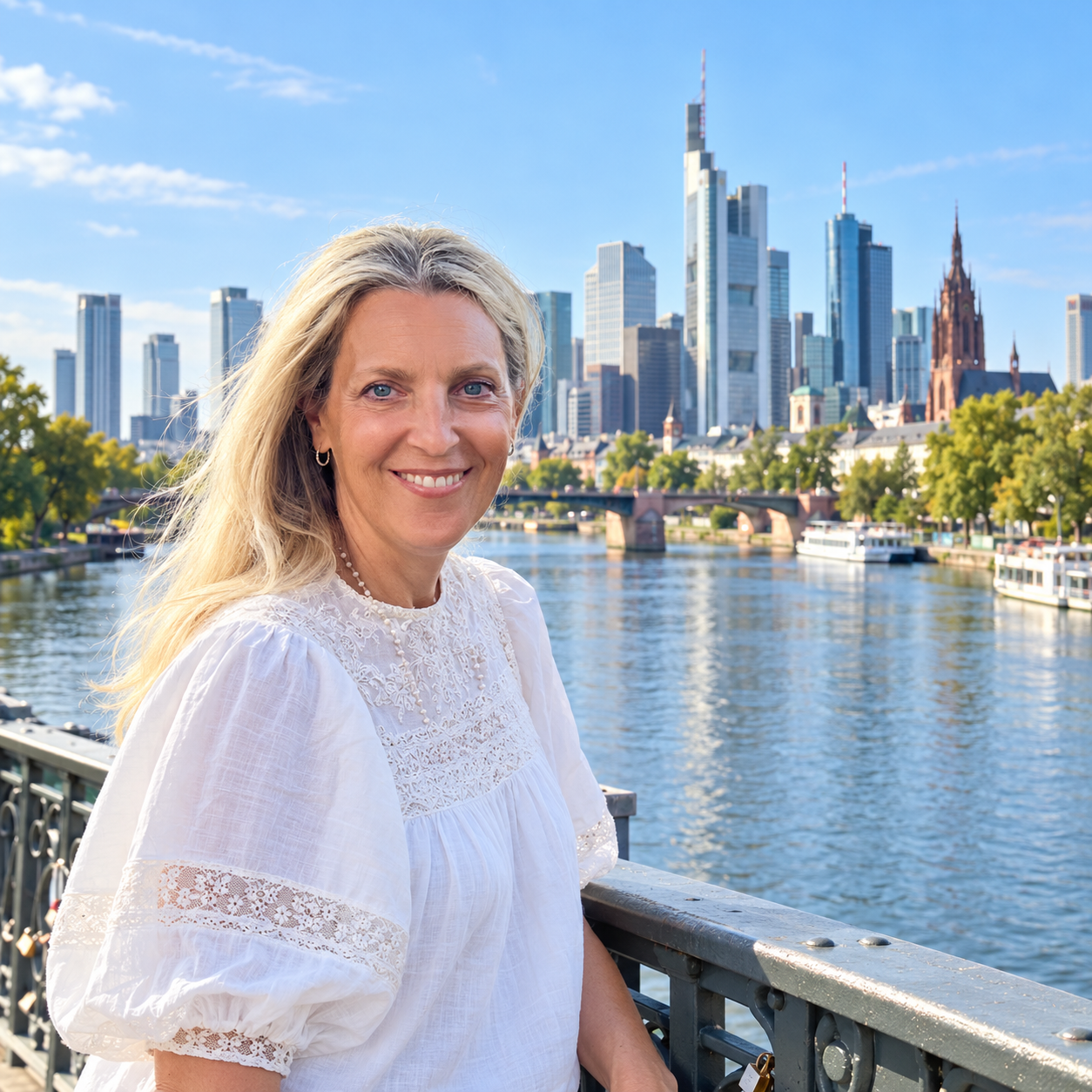Yvonne Christine Homann vor dem Main und der Frankfurter Skyline